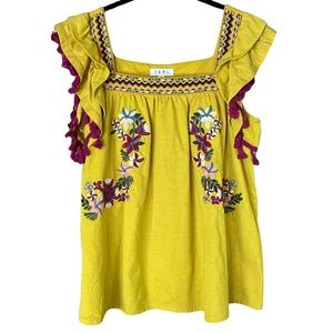THML Top Floral Embroidered Boho Square Neck Tassel Flutter Sleeves Size Medium
